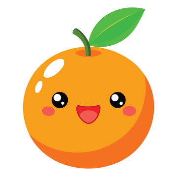Cute smiling cartoon orange citrus fruit with green leaf vector illustration for healthy eating and juice design concepts