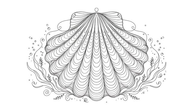 Detailed scallop shell drawing white background.