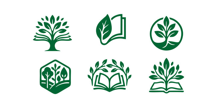 Green nature education logo set with trees and books for ecology and knowledge development symbols