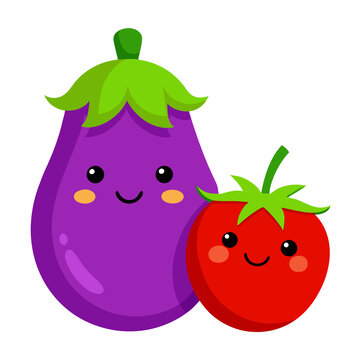 Cute smiling purple eggplant and red tomato cartoon characters vector illustration for healthy food and organic vegetables tomato and cucumber