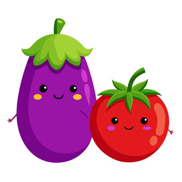 Cute smiling purple eggplant cartoon character vector illustration for healthy food and organic vegetable concept vector illustration of tomato