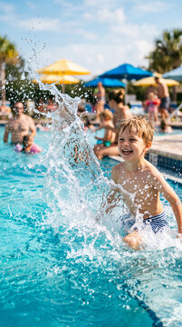 Young boy splashing in a swimming pool, representing summer fun, childhood joy, and active recreation on a sunny day