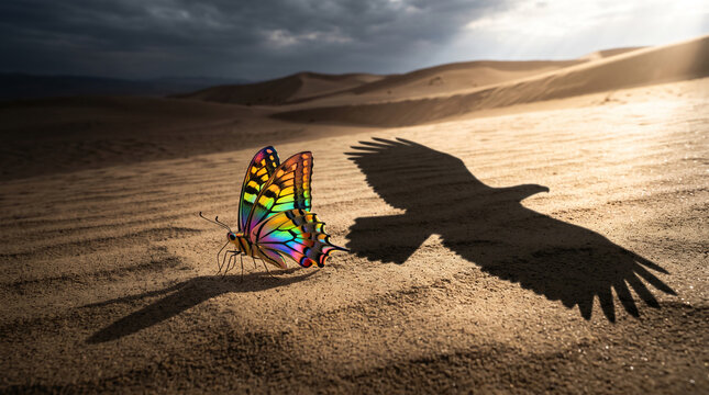 A vibrant butterfly rests on a sand dune, shadowed by an eagle's silhouette, symbolizing transformation and power in a harsh environment