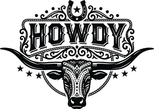 Vintage western longhorn skull emblem featuring decorative typography text horseshoe ornaments and stars on clean background