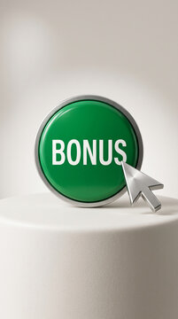 Green button with "BONUS" text and mouse cursor, symbolizing online offer and click action, perfect for digital marketing or gaming concepts