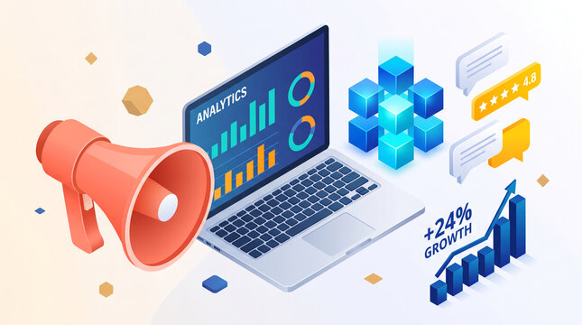 Megaphone and laptop displaying analytics chart, with growth graph and feedback icons, symbolizing marketing and business success