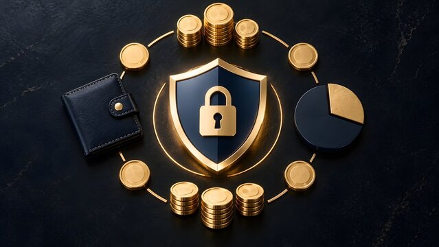 Financial security concept featuring glowing golden shield padlock alongside dark leather wallet pie chart and digitally connected coin stacks