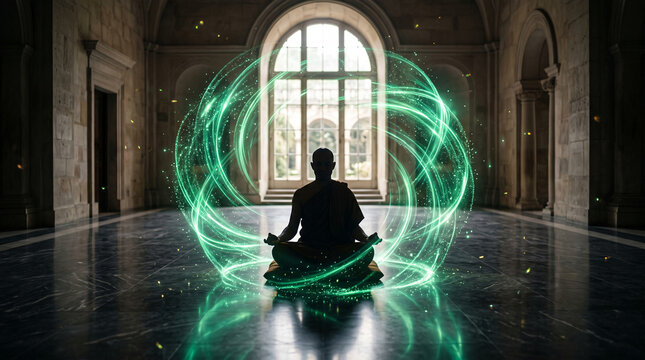 Silhouette of a person meditating within a glowing green energy circle, symbolizing spiritual enlightenment and inner peace in a grand hall.