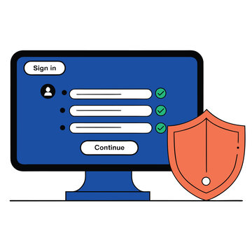 User login interface on a computer monitor with a security shield vector illustration for account security and login protection