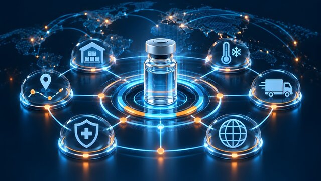 Global pharmaceutical cold chain logistics network featuring digital vaccine distribution nodes secure medical supply chain and worldwide delivery