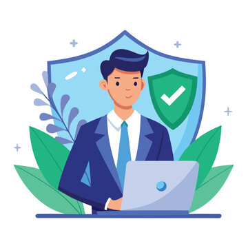 Businessman working on a laptop protected with a security shield and green leaves vector illustration for cybersecurity and data protection concept