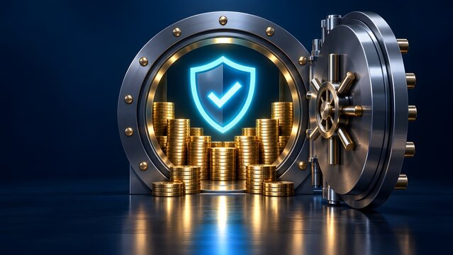 Secure financial vault featuring glowing digital shield checkmark protecting stacks of gold coins illustrating wealth management and asset protection concept