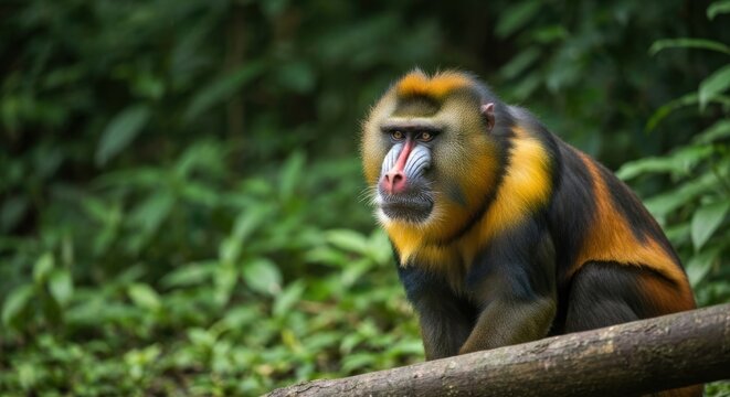 A vibrantly colored primate sits perched on a tree branch, forest backdrop