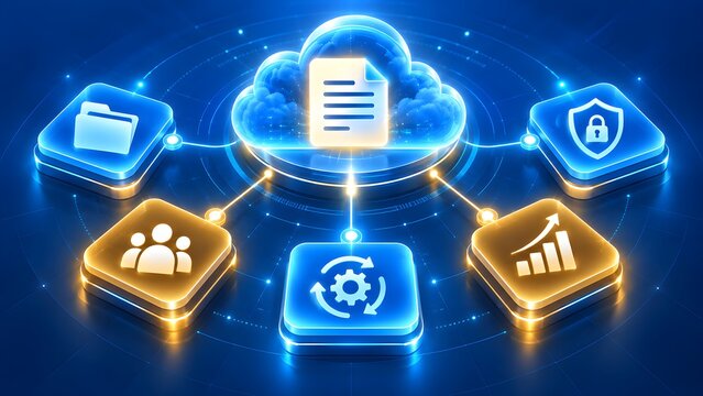 Isometric cloud computing enterprise platform synchronizing document management team collaboration data analytics and secure digital infrastructure