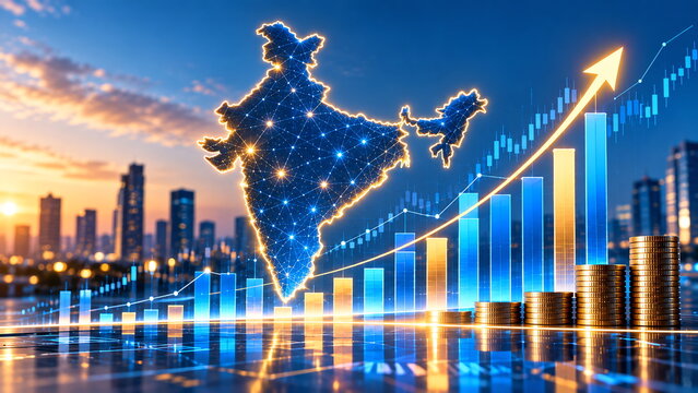 India Economic Growth Concept with Rising Chart, Coins and Digital Map
