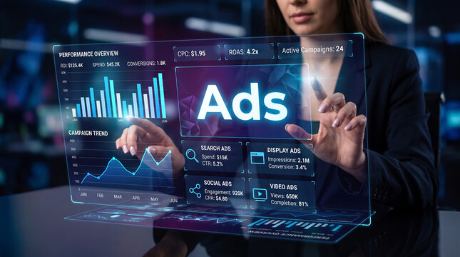 Digital display showcasing ad campaign performance with charts and metrics, symbolizing data analysis and marketing strategy.
