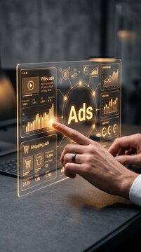 Interactive holographic display showcasing advertising analytics, representing data visualization and marketing strategy development in business.