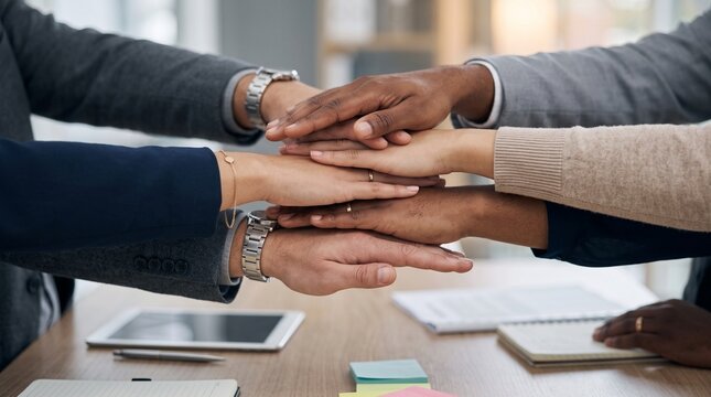 Diverse group of business professionals joining hands together to show unity and collaboration during a team building session in a modern workplace.