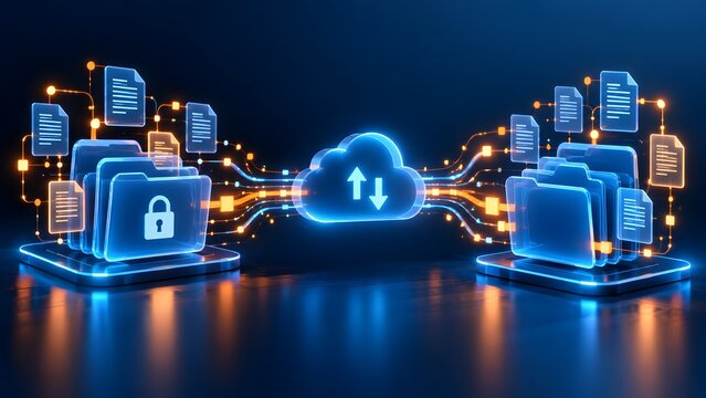 Bidirectional cloud network synchronization depicting continuous file transfer and data backup processes between dual virtual server infrastructures