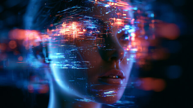A futuristic portrait of a digital human with glowing data and abstract visuals, symbolizing the fusion of technology and human innovation in the digital age.