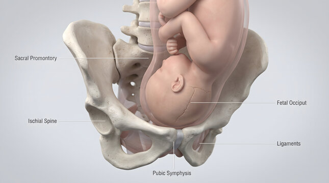 A detailed medical illustration depicting the fetal head engagement within the maternal pelvis during the labor process. The image includes anatomical labels for the sacral promontory, ischial spin...