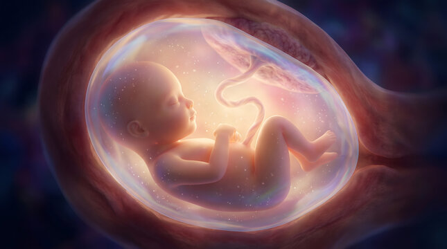 A detailed medical illustration showing a human fetus developing within the womb, highlighting the placenta and umbilical cord. This visualization represents the natural stages of pregnancy, prenat...