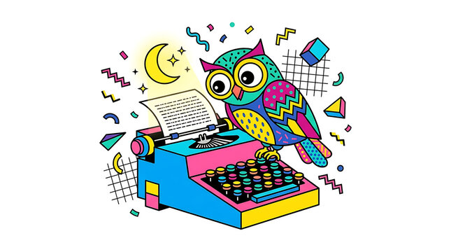 Colorful cartoon owl sits on a vintage typewriter working late at night creating literature stories with paper and ink while geometric shapes surround the creative creature during the dark
