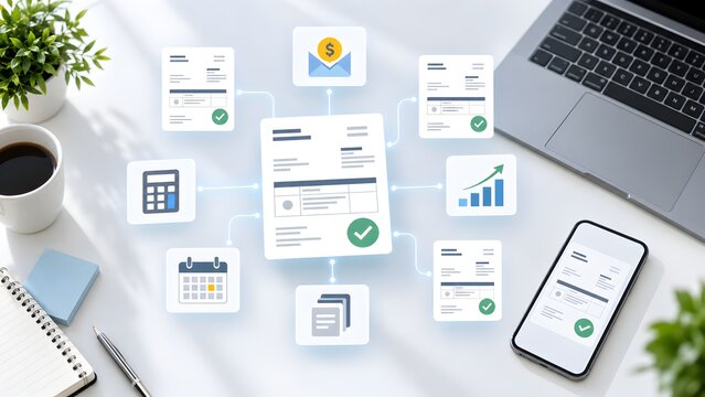Digital accounting workflow and automated financial invoicing system displaying virtual document synchronization over modern office desk workspace