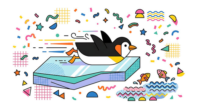 A cheerful penguin sliding across a cold ice floe surrounded by vibrant festive confetti patterns and swimming fish representing playful winter celebration themes for seasonal greeting card