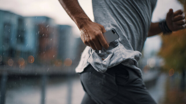 Athletic man running outdoors while holding a modern smartphone in his grey cotton shirt pocket