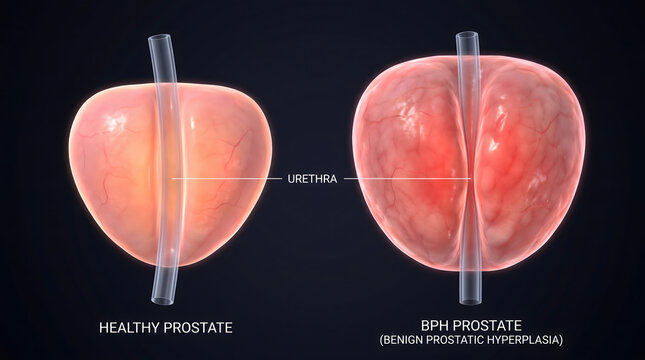 A detailed medical illustration comparing a healthy human prostate gland with one affected by benign prostatic hyperplasia. The visual highlights how an enlarged prostate compresses the urethra, ca...