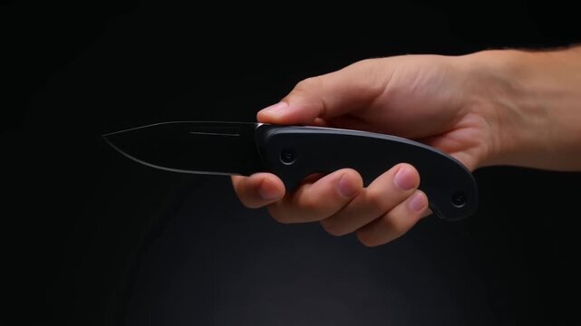 Open folding pocket knife held in hand against a dark black background closeup