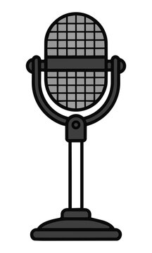 Minimalist vintage desktop microphone icon with a rounded mesh head and adjustable stand isolated on a white background for broadcasting and podcasting concept