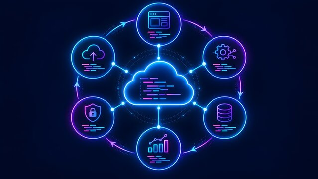 Neon cloud computing ecosystem diagram displaying continuous network synchronization with centralized data storage analytics security and processing application nodes