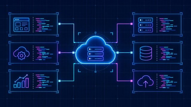 Futuristic glowing digital schematic diagram illustrating a centralized cloud computing network connected to databases analytics servers and coding modules