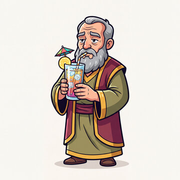 2D Cartoon Philosopher Character Drinking Iced Beverage Game Asset