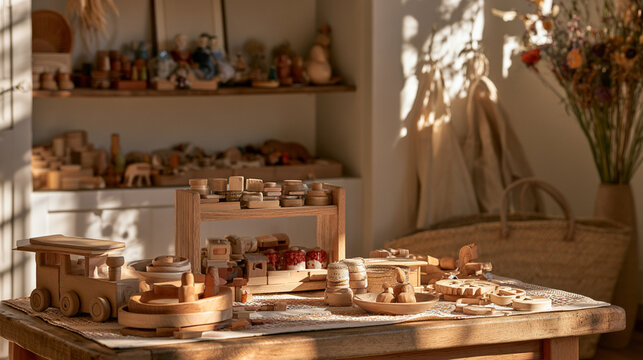 A serene wooden toy workshop featuring handmade wooden toys and crafts, beautifully arranged on a table, illuminated by soft sunlight, creating a warm and inviting atmosphere.