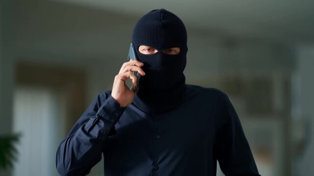 Masked man holds phone to ear indoors while concealing his identity during a call
