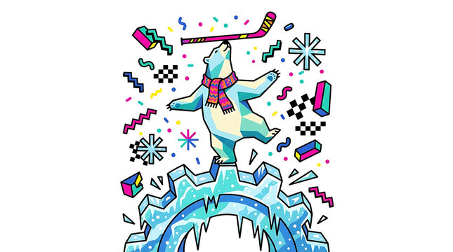 A festive polar bear balancing a sports stick on its nose while standing on a frozen cog wheel surrounded by colorful confetti and winter decorations representing holiday joy for seasonal