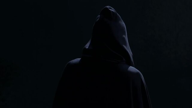 Hooded faceless person standing still in darkness with a shadowy silhouette