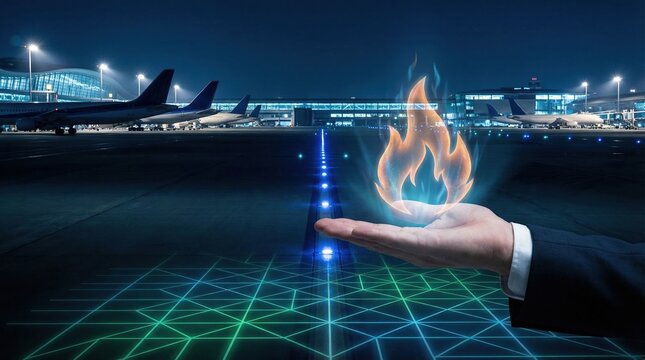 Oil energy stock market gas investment crisis prices concept with hand holding flame and airport runway at night
