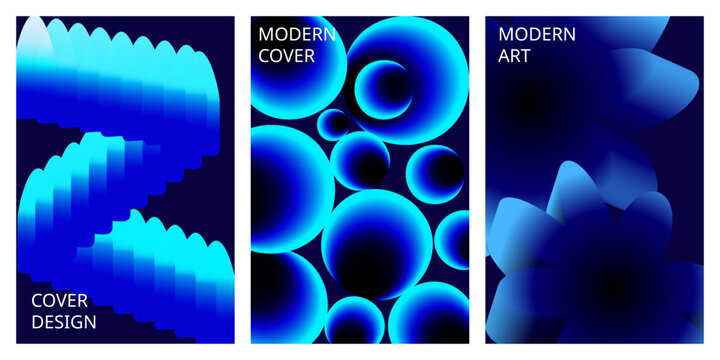 Set of three modern abstract posters with glowing blue 3D geometric shapes and liquid gradient backgrounds abstract gradient geometric background