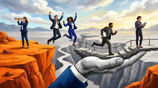 Business people crossing a chasm on a helping hand, symbolizing teamwork and support for career advancement