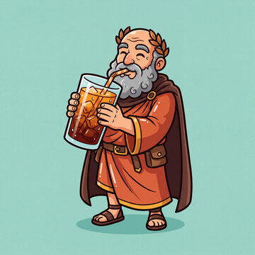 Philosopher Drinking Iced Beverage 2D Cartoon Game Asset