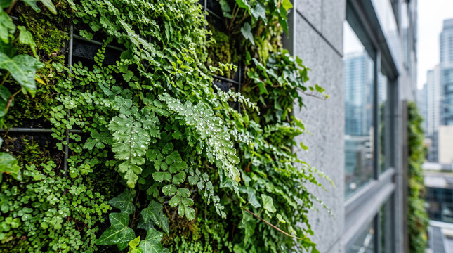 Green wall vertical garden covering modern city building facade, plants with fresh dew drops, creating sustainable urban architecture and biophilic design concept