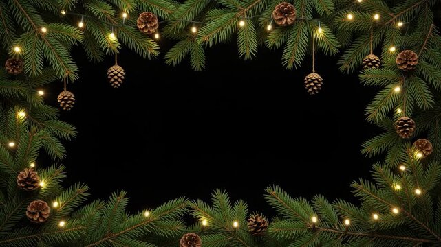Christmas frame made of fir branches, pine cones, and glowing lights on a black background, perfect for holiday greetings and festive designs.
