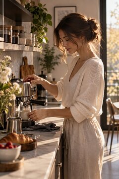 Young woman preparing fresh espresso with a coffee machine in a cozy modern kitchen illuminated by warm natural morning sunlight.