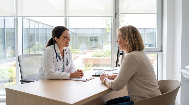 Female doctor consulting senior patient at modern hospital clinic, discussing health, offering medical advice and compassionate care, promoting wellness and trust