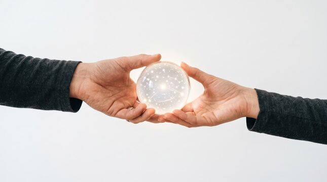 Two hands holding a glowing crystal ball with stars inside, symbolizing future prediction, magic, fortune telling, and shared vision against a clean white background.
