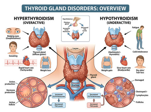 Hyperthyroidism and hypothyroidism thyroid gland disorders infographic isolated on white background
